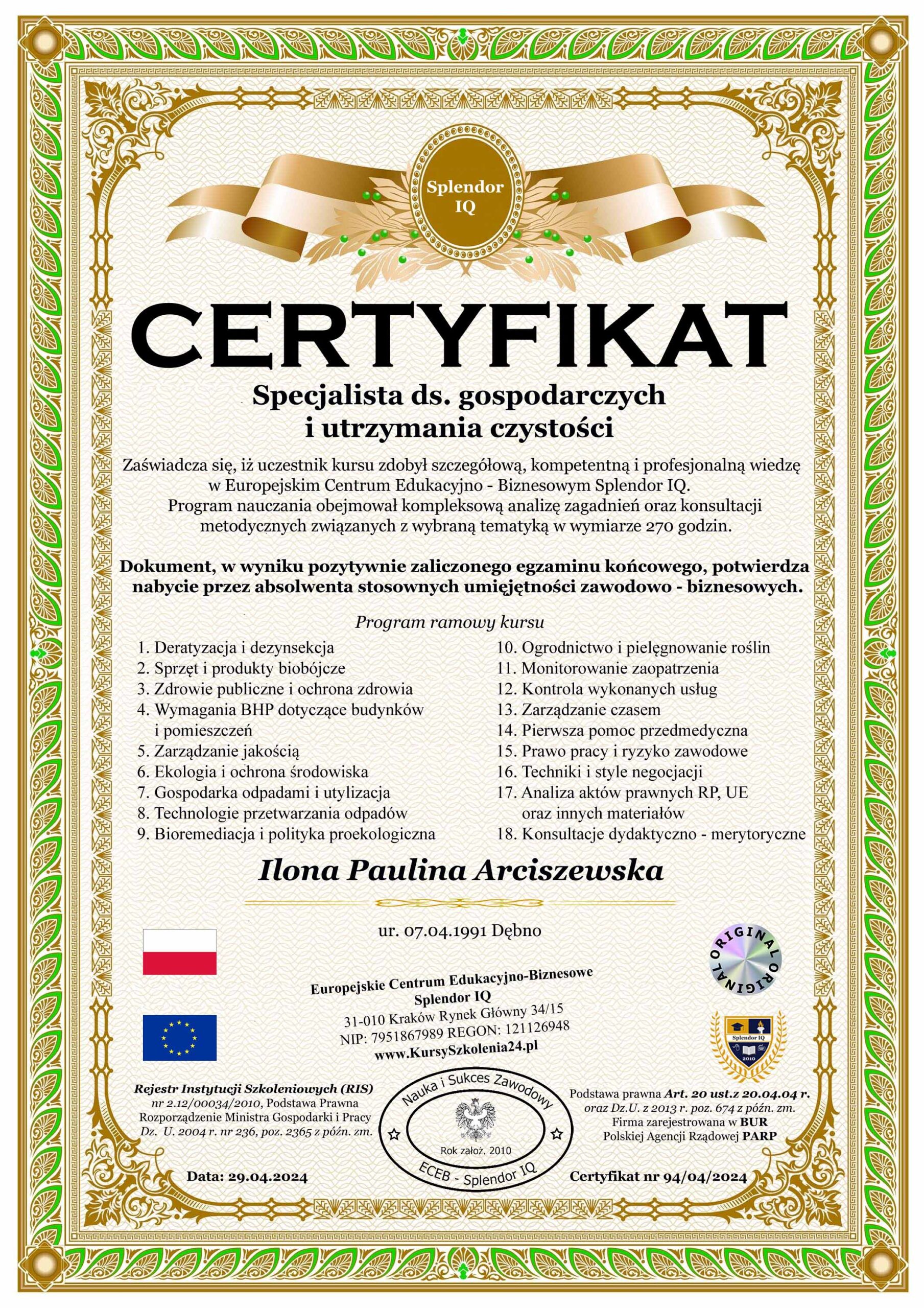 Certyfikat: Specjalista ds. gospodarczych i utrzymania czystości